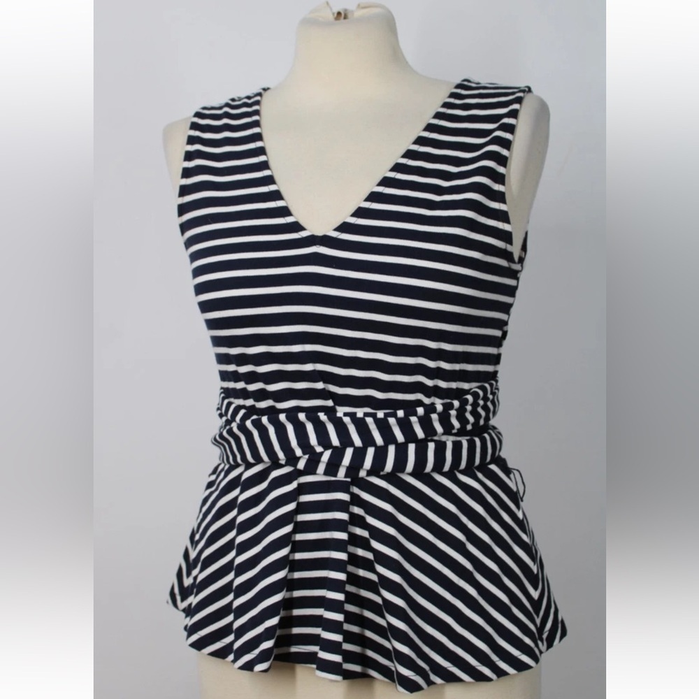 J. Crew Navy and White Striped Tie Waist Peplum Sleeveless Top Size Small